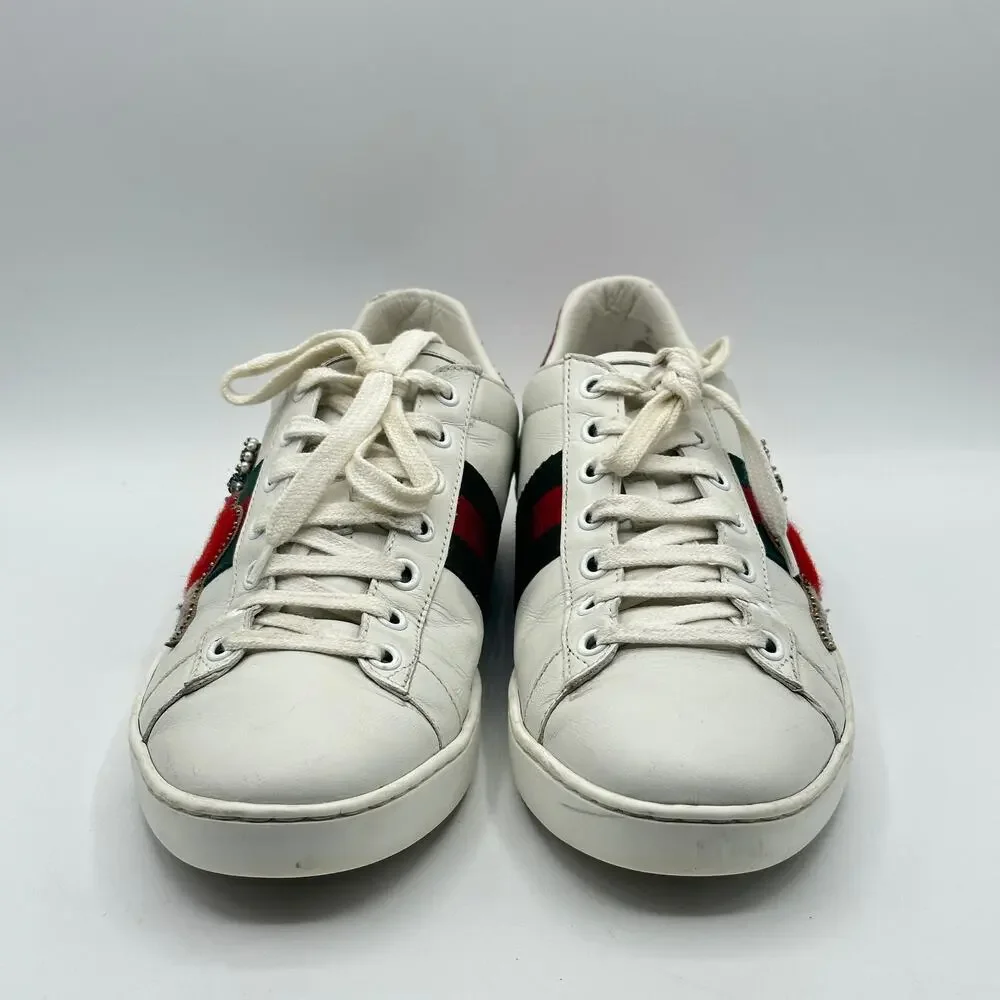 GUCCI Ace Sneakers Heart Sword Dagger GG Jeweled Leather Trainer Sz 38.5